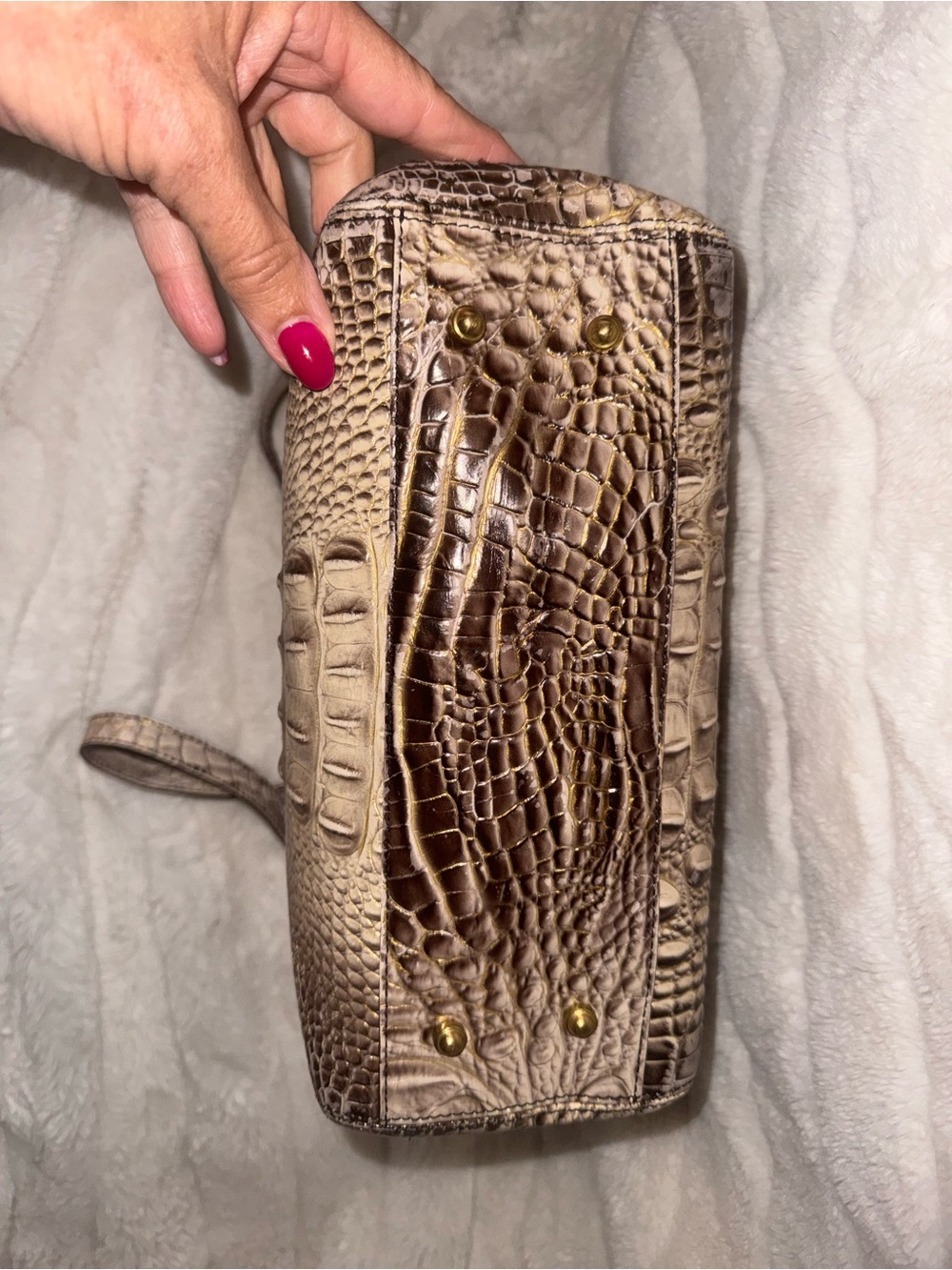 Brahmin Metallic Croc-Embossed Satchel in Bronze and Cream - Picture 4 of 5